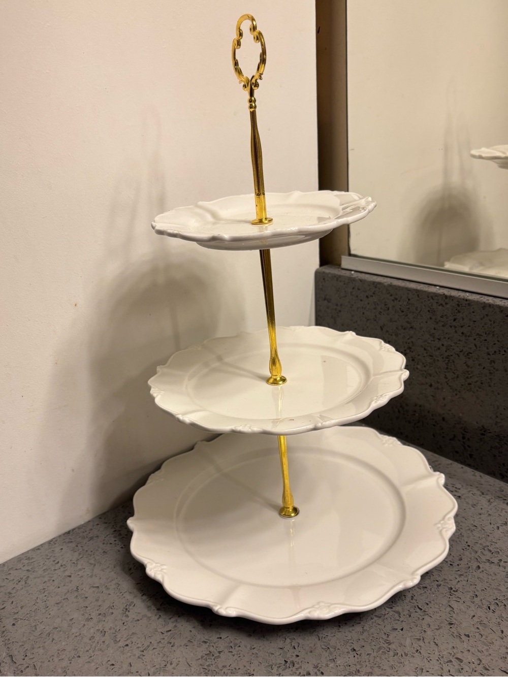 White 3-Tier Porcelain Serving Stand with Gold Handle